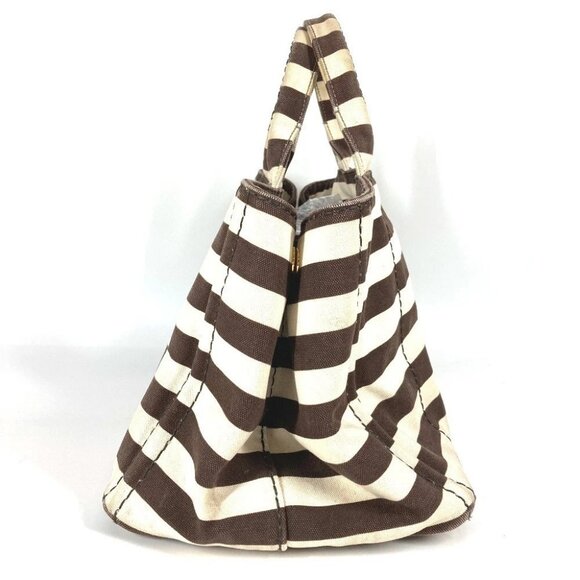 PRADA Canapa logo border Bag Tote Bag Hand Bag Canvas Brown/White - Picture 7 of 15
